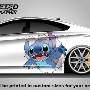 May include: A white car side decal featuring a blue cartoon character bursting through a torn paper effect. The graphic includes the text SHIFTED SG GRAPHIX in the upper left corner and the text It will be printed in custom sizes for your vehicle.