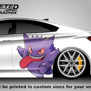 May include: A white car side panel decal featuring a purple Gengar character with red eyes and a long pink tongue. The graphic includes the text SHIFTED SG GRAPHIX in the upper left corner and the text It will be printed in custom sizes for your vehicle.