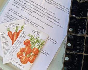 Puede incluir: Una bandeja de plástico verde claro que contiene una hoja de lección impresa titulada SEEDLINGS, dos paquetes de semillas de zanahoria Botanical Interests etiquetados Red Cored Chantenay y Tonda di Parigi, y una bandeja de semillero negra.