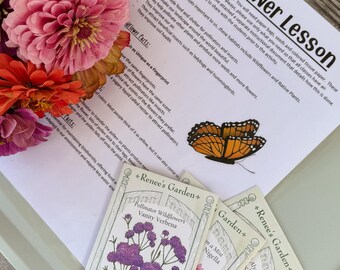 Puede incluir: Una hoja educativa Wildflower Lesson con una ilustración de mariposa monarca, tres paquetes de semillas Renee's Garden etiquetados Vanity Verbena, Love in a Mist Nigella y Alyssum, y un grupo de flores dalia crema, rosa y naranja.