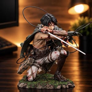 Könnte beinhalten: Eine detaillierte Anime-Figur mit schwarzem Haar, die einen dunkelgrünen Umhang, braune Stiefel und eine weiße Hose trägt und auf einem strukturierten Sockel kniet. Die Figur hält ein silbernes Schwert mit roten, blutähnlichen Spritzern auf Kleidung und Haut.
