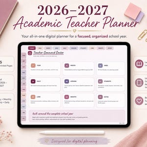 May include: A digital tablet displaying a 2026-2027 academic teacher planner with a Teacher Command Center interface. The screen shows navigation tabs for year, month, week, daily, lessons, students, logs, growth, and notes. The planner includes 545 hyperlinked pages dated August 2026 through July 2027, compatible with tablet apps.