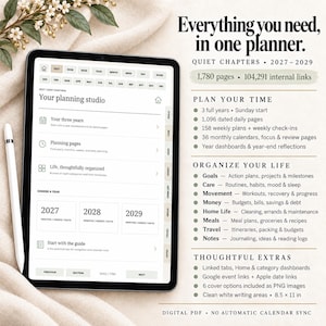 May include: A digital planner displayed on a tablet screen with a stylus, featuring the text Everything you need, in one planner. QUIET CHAPTERS 2027-2029, 1,780 pages, 104,291 internal links, and detailed sections for planning time, life organisation, and extras.