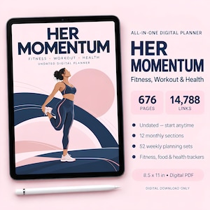 Digitale fitnessplanner voor vrouwen, trainingsdagboek (niet gedateerd) in Goodnotes, maaltijdplanner, gezondheids- en gewoontetracker, pdf met hyperlinks voor iPad.