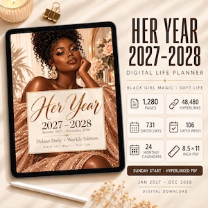 May include: A digital life planner titled Her Year 2027-2028 displayed on a tablet screen. The cover features a person in a sequined gold dress. Text includes 1,280 pages, 48,480 hyperlinks, 731 dated days, 106 dated weeks, 24 monthly calendars, and 8.5x11 inch PDF.