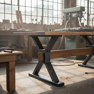 Puede incluir: Una mesa con una superficie rectangular de madera gruesa y una base de metal gris oscuro con una estructura de soporte en forma de X. La base incluye una viga metálica horizontal que conecta las dos patas en X para dar estabilidad.