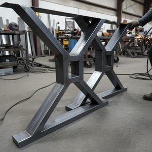Puede incluir: Un juego de dos patas de mesa de metal gris oscuro con un diseño geométrico en forma de X y recortes cuadrados en el centro. Las patas están construidas con tubos de acero rectangulares con juntas soldadas visibles y un acabado metálico industrial en bruto.