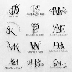 May include: A collection of twelve black logo designs featuring various monogram initials and text. The logos include names such as Consilio Projects, Polished by Edith, All Divine Energy, Resumes, Vendula Coal, Dulce Beauty & Aesthetics, Abigail V. Mata, Illusion Beauty, and Sincerely Mileyyyy.