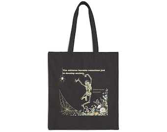Bolso de lona de algodón, estampado floral de esqueletos, humor sobre la ansiedad existencial.
