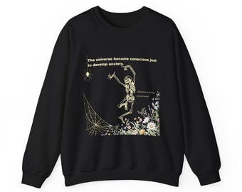 Sudadera divertida de esqueleto, ansiedad existencial, cuello redondo gótico floral de Halloween