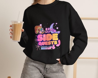 Sudadera "My Brain Has Side Quests" / Sudadera de cuello redondo para gamers en tonos pastel, diseño creativo.