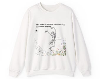 Sudadera con estampado de esqueleto y ansiedad, cuello redondo estilo gótico floral para Halloween, camiseta con humor científico.