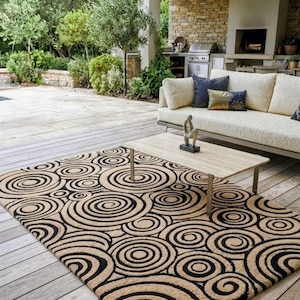 Alfombra geométrica tejida a mano, alfombra de lana de estilo moderno de mediados de siglo, patrón circular negro y beige, alfombra grande de 5x8 8x10, decoración bohemia para el hogar,