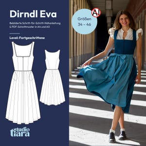 May include: A sewing pattern for a Dirndl Eva dress, featuring a dark blue bodice and a matching blue skirt with a tied waist. The graphic includes a technical line drawing of the dress, text labels, and a photograph of the finished garment.