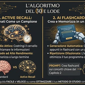 Könnte beinhalten: Eine lehrreiche Infografik mit dem Titel L'ALGORITMO DEL 30 E LODE, die ein leuchtendes Gehirn, eine Stoppuhr und Roboterhände bei der Nutzung eines Tablets zeigt. Sie beschreibt Lernmethoden wie Active Recall und AI Flashcards auf Italienisch.