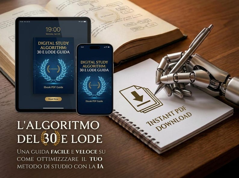 K&ouml;nnte beinhalten: Ein Tablet und ein Smartphone mit dem E-Book Digital Study Algorithm: 30 E Lode Guida sowie ein Spiralnotizbuch mit einem Symbol f&uuml;r sofortigen PDF-Download. Eine Roboterhand h&auml;lt einen Stift &uuml;ber das Notizbuch, mit italienischem Text.