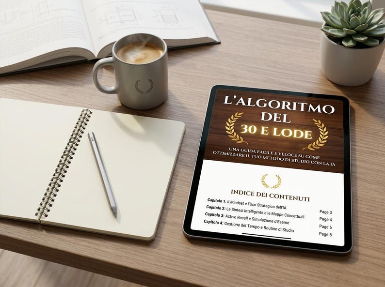 K&ouml;nnte beinhalten: Ein Tablet zeigt ein digitales Buchcover mit dem Titel L'ALGORITMO DEL 30 E LODE und einer goldenen Lorbeerkranz-Grafik. Der Bildschirm zeigt ein Inhaltsverzeichnis mit vier Kapiteln. Das Tablet liegt auf einem Schreibtisch aus Holz.
