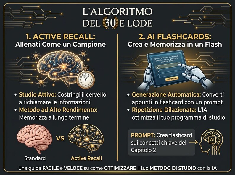 K&ouml;nnte beinhalten: Eine lehrreiche Infografik mit dem Titel L'ALGORITMO DEL 30 E LODE, die ein leuchtendes Gehirn, eine Stoppuhr und Roboterh&auml;nde bei der Nutzung eines Tablets zeigt. Sie beschreibt Lernmethoden wie Active Recall und AI Flashcards auf Italienisch.