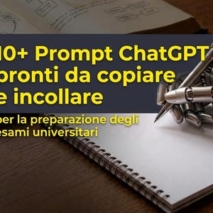 K&ouml;nnte beinhalten: Eine Roboterhand h&auml;lt einen silbernen Stift &uuml;ber einem wei&szlig;en Spiralnotizbuch. Ein dunkles rechteckiges Overlay zeigt gelben Text mit der Aufschrift: 10+ Prompt ChatGPT pronti da copiare e incollare per la preparazione degli esami universitari.