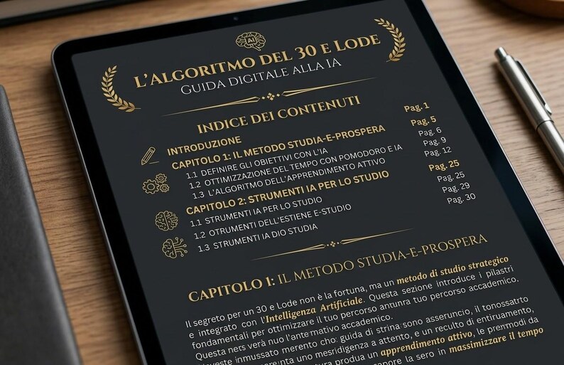 K&ouml;nnte beinhalten: Ein digitales Tablet mit einem Inhaltsverzeichnis, das den Titel L'ALGORITMO DEL 30 E LODE GUIDA DIGITALE ALLA IA in goldener Schrift auf schwarzem Hintergrund zeigt. Der Bildschirm zeigt Kapitel&uuml;berschriften und Seitenzahlen, ein silberner Stift liegt daneben.
