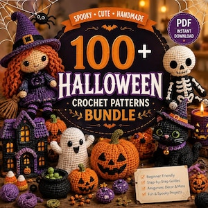 Op de afbeelding: Een digitaal pakket met 100+ Halloween haakpatronen met amigurumi-figuren zoals een heks, skelet, zwarte kat, spook, pompoenen en een spookhuis. De afbeelding bevat tekst over de PDF-directe download en details over de projecten.
