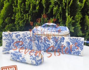 Trousse de toilette artisanale en toile de Jouy, organisateur de voyage 4 pièces, style campagne française