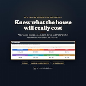 May include: A digital dashboard for home renovation costs with the text "Know what the house will really cost" and "DASHBOARD" featuring financial data for "The Maple Ridge build" including contract price, projected costs, and budget tracking.
