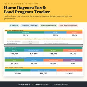 Home Daycare Tax Spreadsheet Excel, Family Child Care Time Space Percentage Calculator, CACFP Food Program and Schedule C Tracker