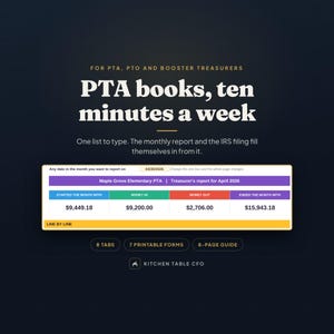 May include: A digital financial tracking tool for PTA, PTO, and booster treasurers titled PTA books, ten minutes a week. It features a spreadsheet interface showing Maple Grove Elementary PTA data, 8 tabs, 7 printable forms, and an 8-page guide.