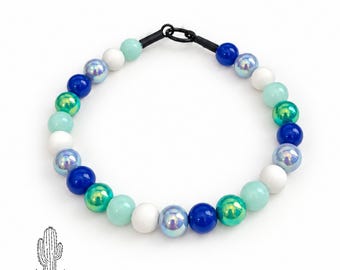 Aqua, Teal, Blue, White Pet Necklace Collar: Personalized Custom Pet Collar