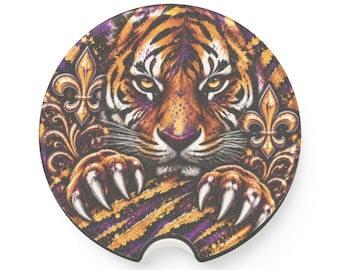 Tiger Fleur-de-Lis Car Coaster, Southern Style Soapstone Cup Holder Coaster, Tiger Car Accessory, Gift for Tiger Fans