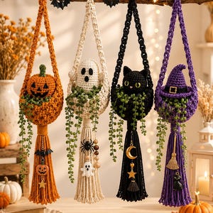 May include: Four crocheted plant hangers in orange, cream, black, and purple, each holding a green trailing plant. The hangers feature a pumpkin, ghost, black cat, and witch hat, with dangling charms including spiders, moons, stars, and brooms.