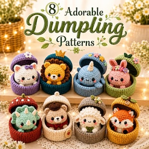 Virkmönster för 8 söta dumplings i PDF-format | Kanin, svamp, drake, bi | Kawaii Amigurumi förvaringslåda | Enkel handledning för nybörjare