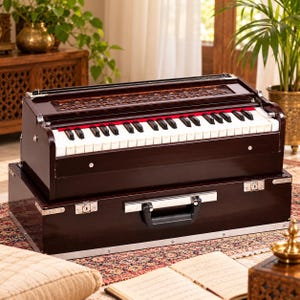 May include: A dark brown wooden harmonium musical instrument featuring a keyboard with white and black keys, a decorative carved top panel, and a sturdy base with a black carrying handle and silver metal latches for secure closure and transport.