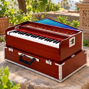 May include: A portable harmonium instrument featuring a polished dark wood finish, a black and white keyboard, and a bright blue bellows system. The rectangular wooden case includes silver-toned metal corner protectors and a black carrying handle.