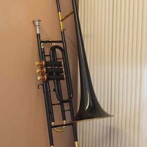 Könnte beinhalten: Eine schwarze und goldene Ventilposaune mit silbernem Mundstück, drei goldfarbenen Ventilen mit roten Akzenten und einem langen, geschwungenen schwarzen Schallbecher. Das Instrument hat messingfarbene Rohrabschnitte an den Gelenken.
