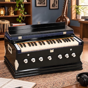 May include: A black wooden harmonium musical instrument featuring a keyboard with white and black keys, multiple silver-toned circular knobs on the front panel, and decorative silver metal corner accents on a glossy, rectangular body.