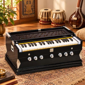 May include: A black wooden harmonium featuring a keyboard with white and black keys, a yellow accent strip, and a series of silver-toned circular knobs along the front panel. The instrument is accented with decorative silver metal corner plates.