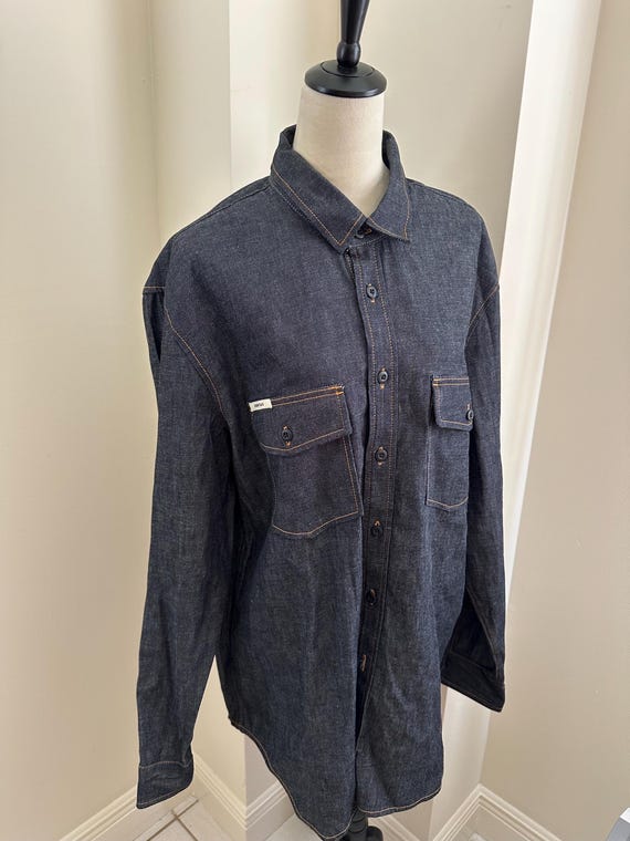 Fear of God, NWT Essentials Fear of God raw indigo denim shirt. Sz XL.