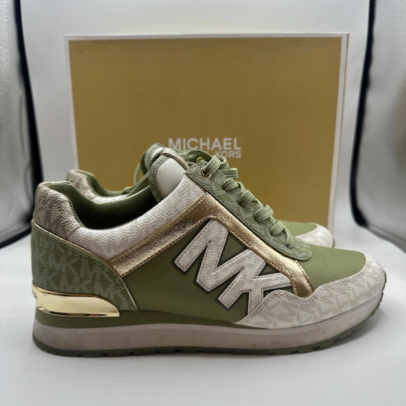 Michael Kors, Michael Kors green sage mesh gold monogram sneakers. Mint used condition. Sz 10 M.