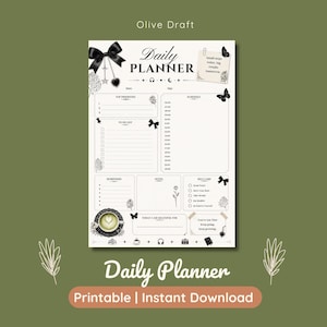 May include: A daily planner page featuring a black bow, butterflies, and floral illustrations. Sections include Top Priorities, To Do List, Schedule from 06:00 to 22:00, Reminders, Notes, Self Care, and a Gratitude section with a coffee cup graphic.