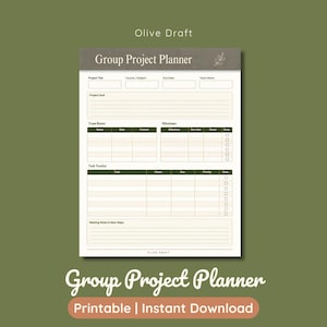 K&ouml;nnte beinhalten: Ein druckbares Group Project Planner Dokument mit Abschnitten f&uuml;r Projekttitel, Kurs, F&auml;lligkeitsdatum, Teamname, Projektziel, Teamliste, Meilensteine, Aufgabenverfolgung und Besprechungsnotizen, mit dunkelolivfarbenem Kopfbereich.