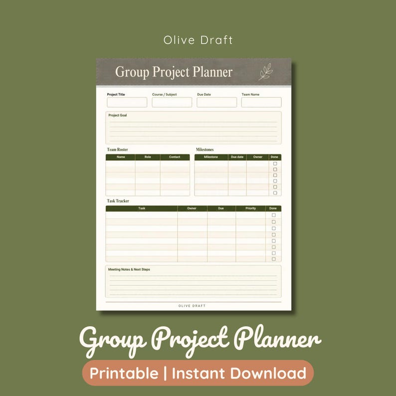 K&ouml;nnte beinhalten: Ein druckbares Group Project Planner Dokument mit Abschnitten f&uuml;r Projekttitel, Kurs, F&auml;lligkeitsdatum, Teamname, Projektziel, Teamliste, Meilensteine, Aufgabenverfolgung und Besprechungsnotizen, mit dunkelolivfarbenem Kopfbereich.