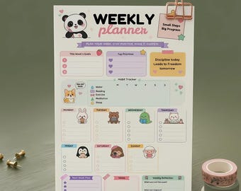 May include: A weekly planner sheet featuring a panda illustration, the text "WEEKLY planner", "Small Steps Big Progress", and "Discipline today Leads to Freedom tomorrow". It includes sections for goals, priorities, habits, and daily tasks with various animal icons.