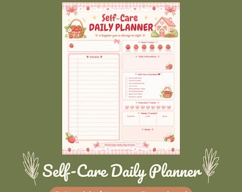 Könnte beinhalten: Ein rosa-weiß kariertes Tagesplaner-Blatt mit der Aufschrift Self-Care DAILY PLANNER. Es enthält Erdbeer-Illustrationen, eine Zeitplanspalte, einen Stimmungstracker, tägliche Affirmationen, eine Checkliste, einen Hydrationstracker und einen Mahlzeitentracker.