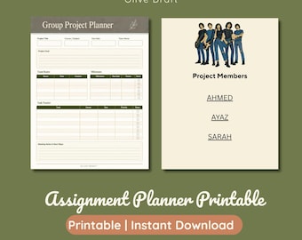 May include: A group project planner printable featuring a task tracker, team roster, and milestone section. The second page displays a Project Members header with an illustration of four people and the names Ahmed, Ayaz, and Sarah listed below.