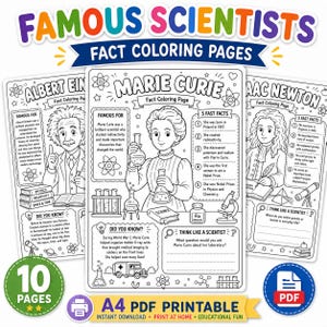 Puede incluir: Un conjunto de páginas para colorear imprimibles en blanco y negro tituladas Famous Scientists Fact Coloring Pages, con ilustraciones de Marie Curie, Albert Einstein e Isaac Newton junto a textos educativos, iconos científicos y cuadros de datos.