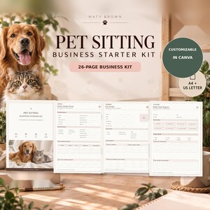 Peut inclure: Un kit de démarrage pour entreprise de garde d'animaux de 26 pages avec un golden retriever et un chat tigré. Le kit comprend des formulaires pour l'accueil des clients, les profils d'animaux et les rapports de visite. Personnalisable sur Canva, format A4.