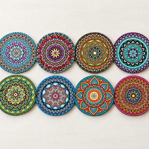 Set of 8 Colorful Mandala Coasters, Boho Drink Mats, Decorative Ceramic Cup Coasters, Vibrant Table Decor, Handmade Style Gift