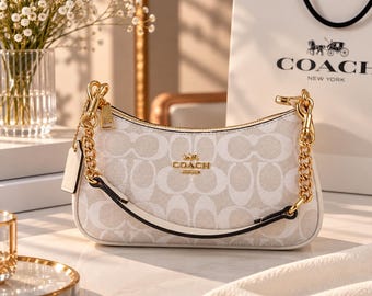 Coach White Teri Shoulder Bag: Christmas Gift New Year Gift for her, Gold Hardware